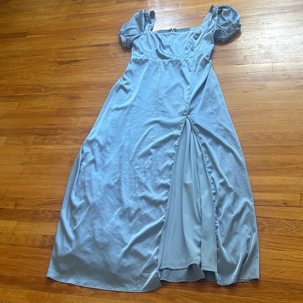 Lulus Blue Shiny Puff Sleeve Slit Square Neckline Midi Dress